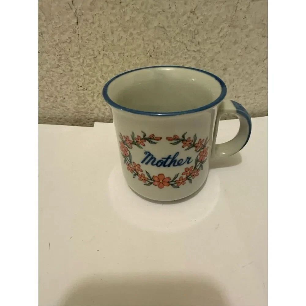 White Ceramic 'Mother' Mug with Blue Trim and Pink Floral Wreath